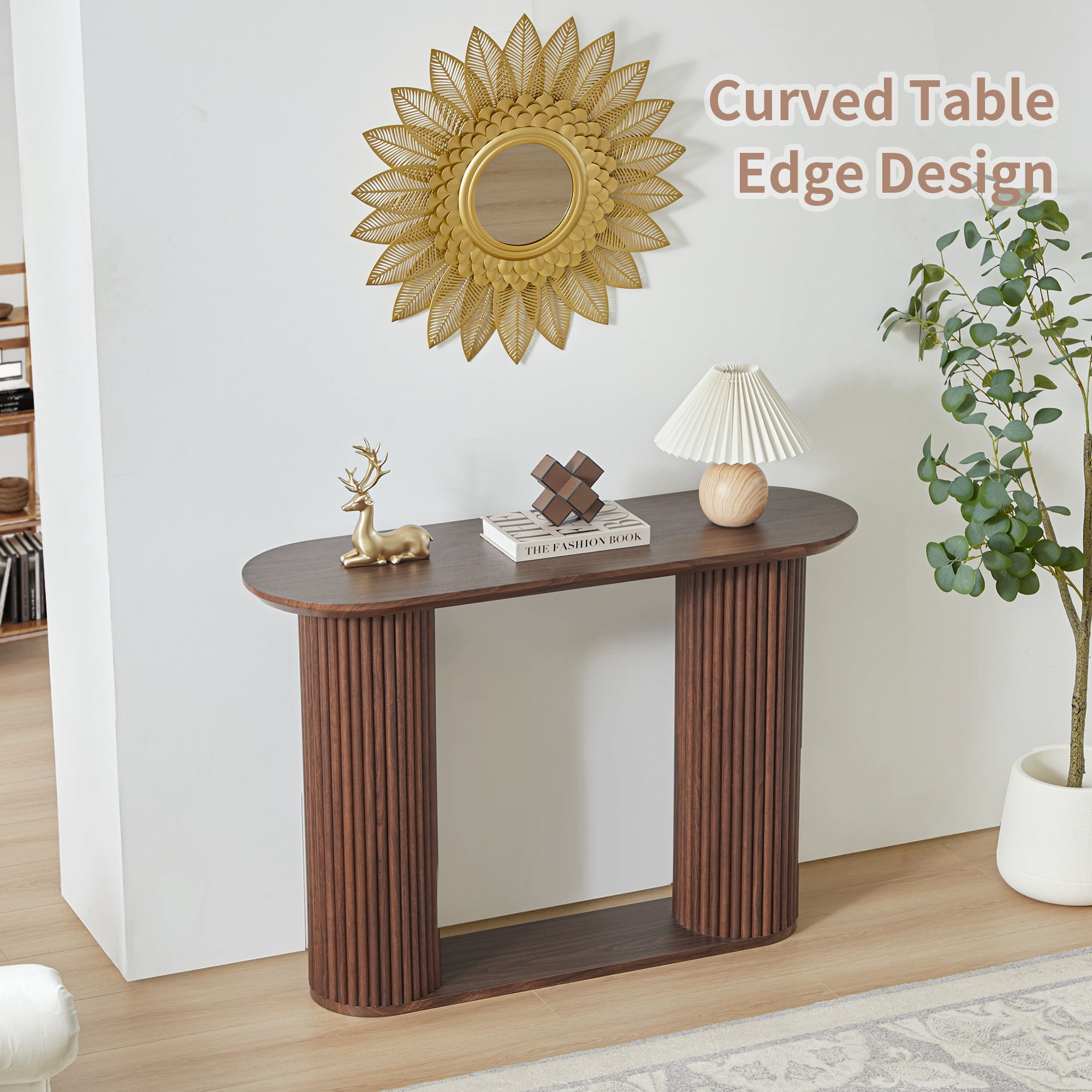 PHOYAL 42.51" Long Walnut Console Table with Vertical Stripe, Oval Fluted Sofa Table with Curved Edge Design for Entryway Hallway Living Room