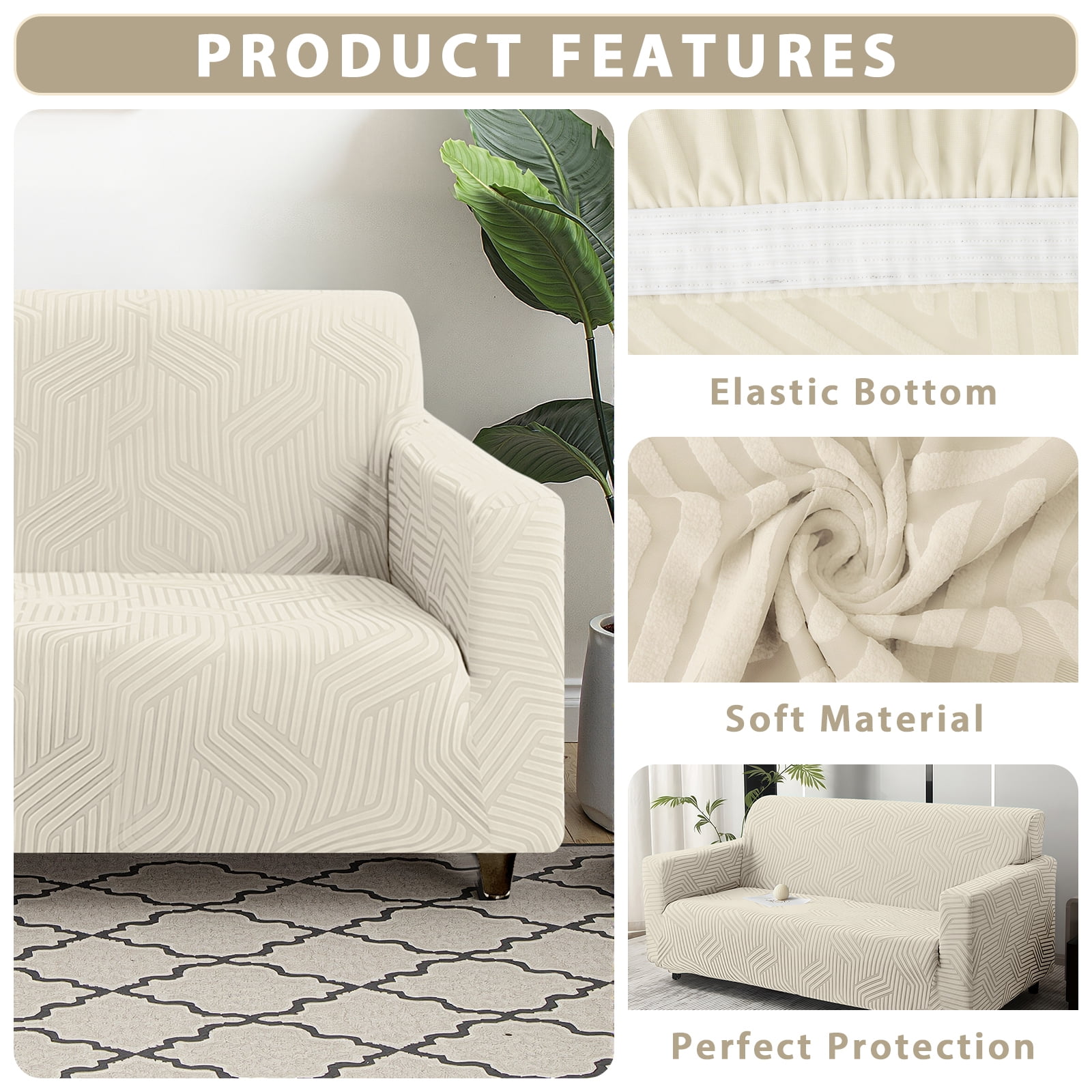 MJIAexp (31"-46") Stretch Sofa Cover Slipcover,Couch Covers for 1 Cushion Couch Sofa with sofa armrest,Pet Friendly Furniture Protector Sofa with Elastic Bottom for Kids,Jacquard lines(Beige)