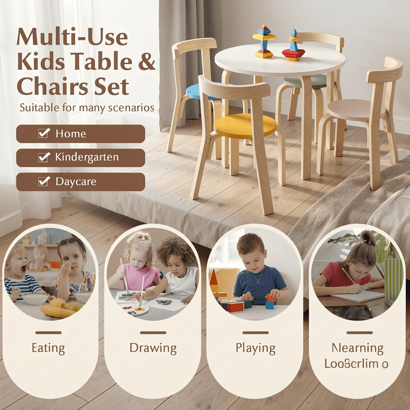 Furnibear Kids Table and Chair Set 5 Piece Kids Wooden Curved Back Activity Table and Chair Set