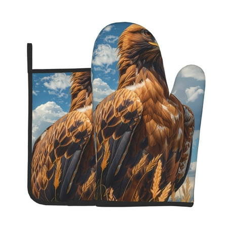 

Xecao Blue Sky White Cloud Eagle Pattern Oven Mitts and Pot Holders Sets Heat Resistant Silicone Oven Mittens Extra Thicken Long Kitchen Cotton Oven Glove for Cooking