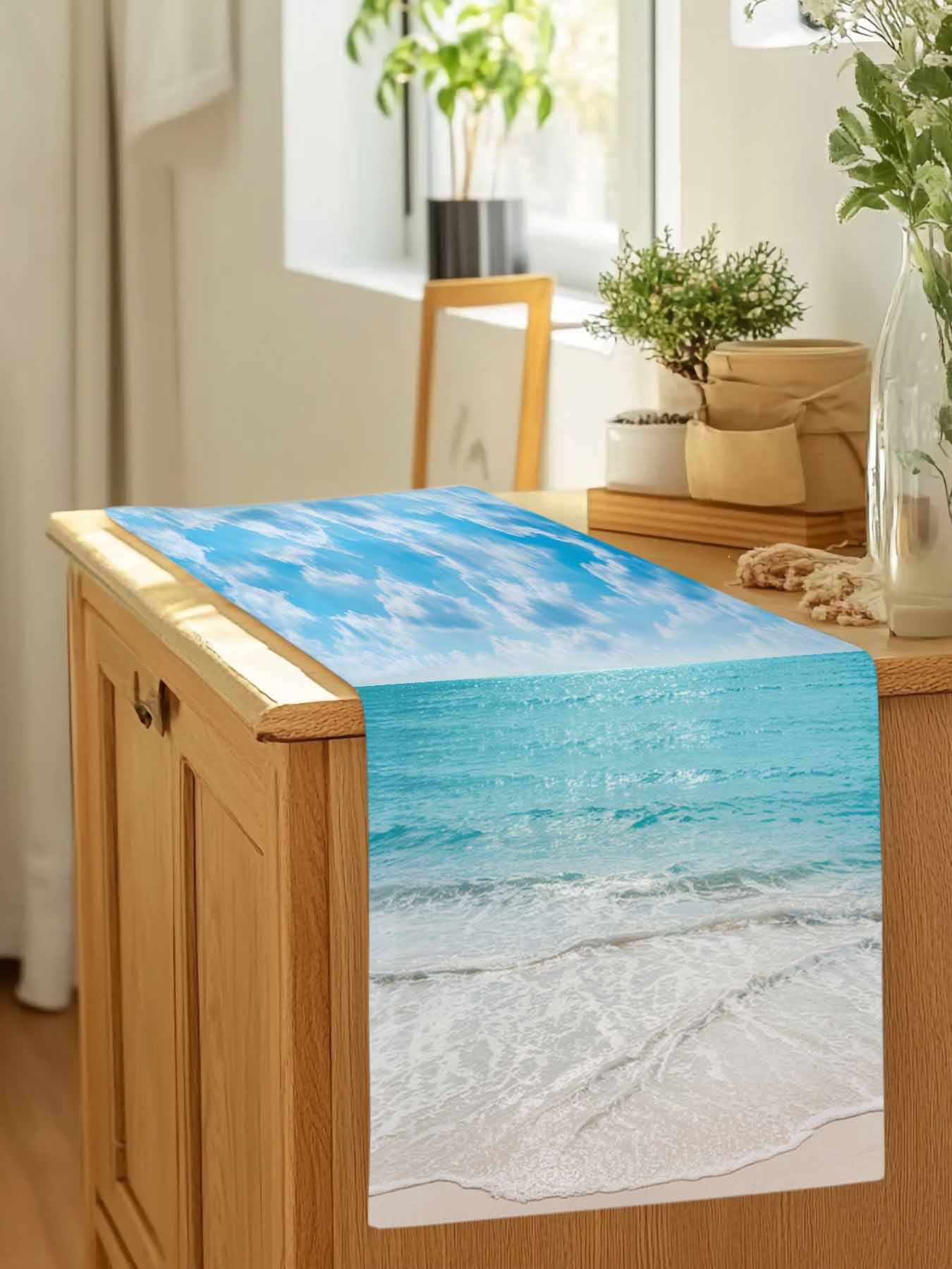 Summer Beach Blue Ocean Waves Table Runner 90 Inches Long, Coastal Nautical Style Table Runners Tabletop Scarf Kitchen Dining Tables Decoration for Home Party Indoor Outdoor
