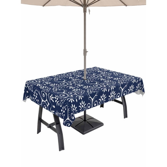 Outdoor Tablecloth with Umbrella Hole and Zipper, Navy Blue Spring Floral Rectangle Table Cloth 60x102 Inch Waterproof Tablecloth, Modern Abstract Art Farmhouse Picnic Table Cover for Patio Camping