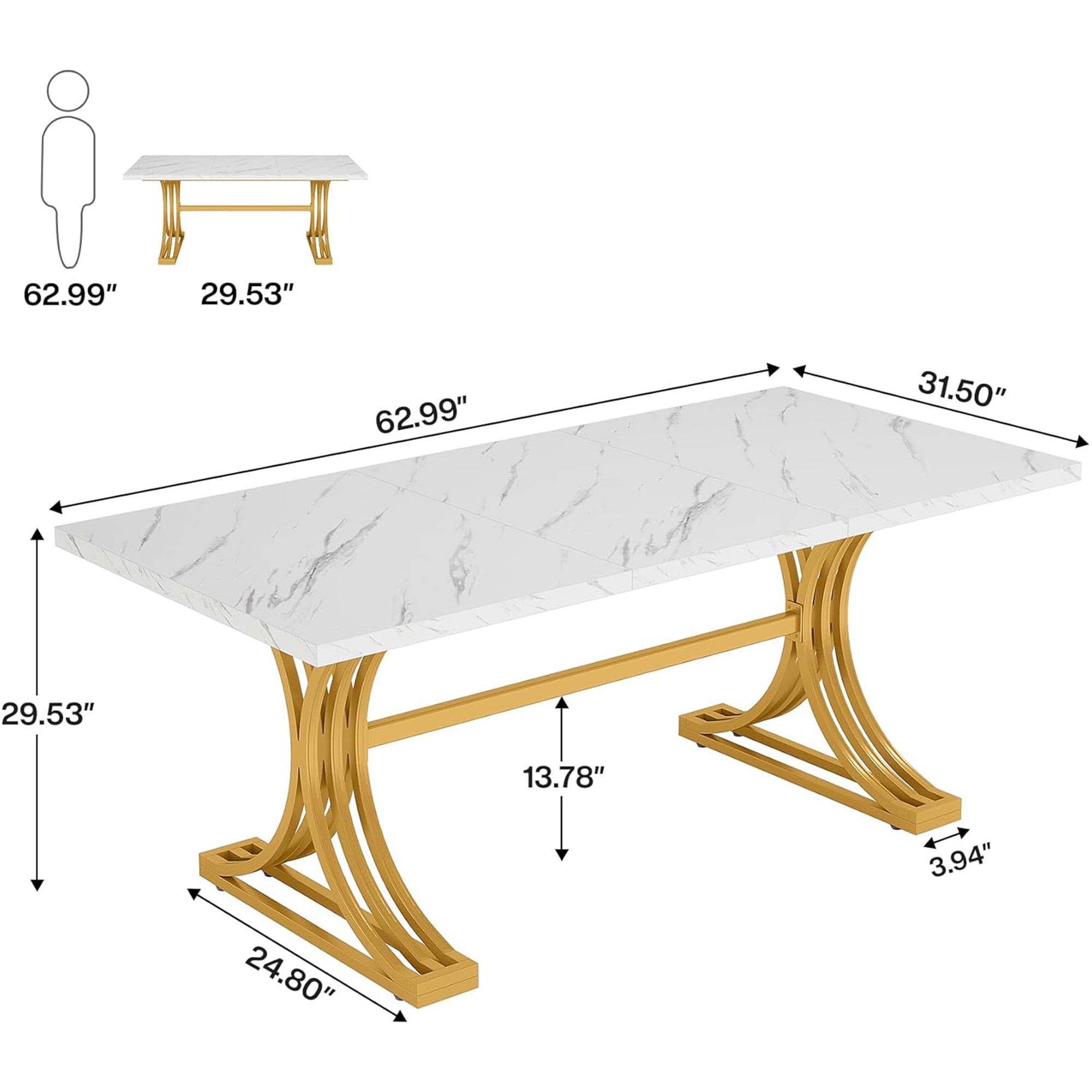KIOOTTO 63" Executive Office Desk, Faux Marble Computer Workstation with Curved X-Frame, White & Gold