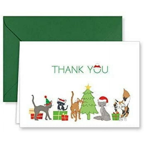 Paper Frenzy Christmas Kitty Cats Holiday Thank You Note Cards and Green Envelopes - 25 pack