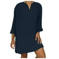 thumbnail image 2 of Jinhomg Cotton Linen Dress for Women Plus Size Comfy Long Sleeve V-Neck Midi Dresses Basic Solid Casual T Shirt Dress Vacation Beach Dress Deal of The Day Dark Blue XXXXXL, 2 of 5