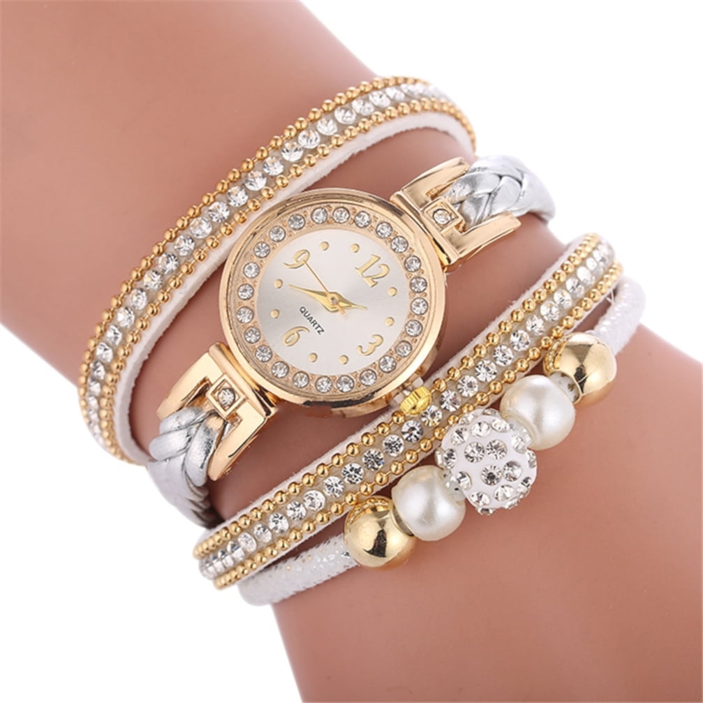White Band Watch Crystal with Gold Beads Silver Braided Four Strand ...