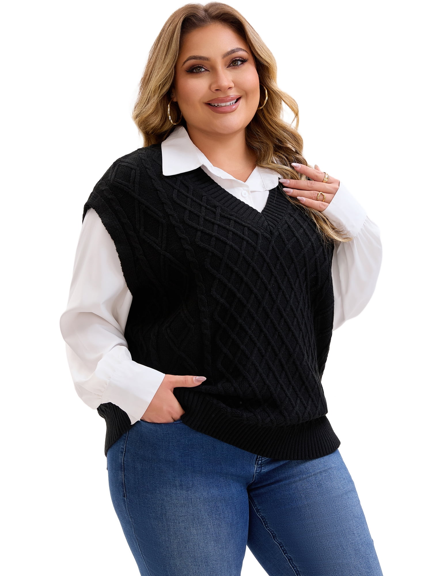 DARING DIVA Women's Plus V Neck Ribbed Knit Sleeveless Pullover Tops 3X Black