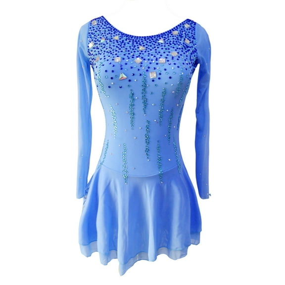 LIUHUO Customized Blue Spandex Long sleeved Figure Skating Dress Girls Ladies with Cascading Diamond Embellishments Flowing Design