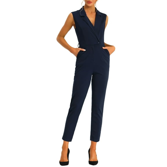 MODA NOVA Juniors' Jumpsuit V Neck High Waist Sleeveless Long Pants Jumpsuit M Dark Blue