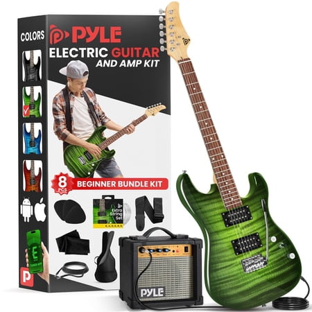 Pyle 6-String Electric Guitar Kit with Amplifier, Full-Size Beginner Guitar Set, Gig Bag, Strap, Picks, Cable & Accessories (Green)