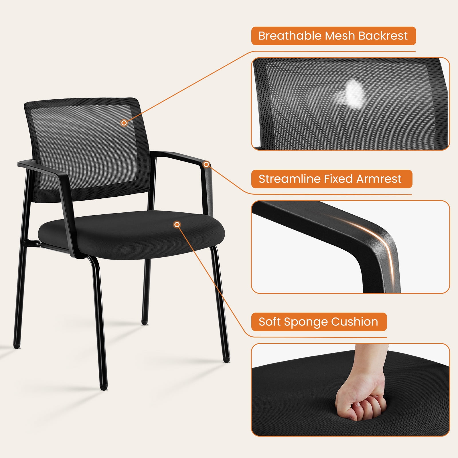 MAYEERTY 2 Pack Stacking Arm Chairs, Guest Reception Chairs, Ergonomic Office Chair with Armrests, Black