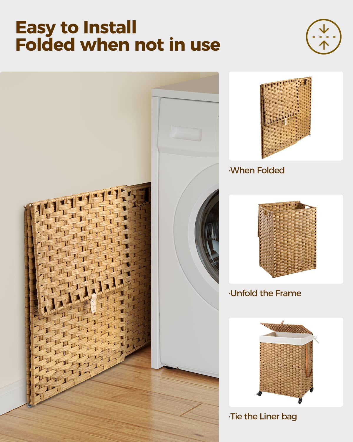 Rolanstar 90L Laundry Hamper with Wheels, No Install Needed, Divided Handwoven Hampers & 2 Removable Liner Bags, Synthetic Rattan Clothes Laundry Basket with Lid & Handles, Foldable Hampers Natrual