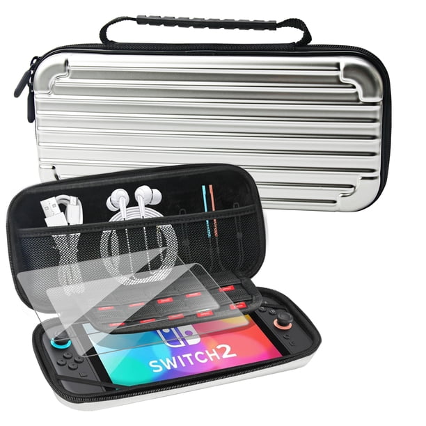 YUOY Funda portátil para Nintendo Switch 2 (2025) – Incluye 2 protectores de pantalla HD, 10 ranuras para juegos, carcasa EVA reforzada y forro ultra suave (plateado)