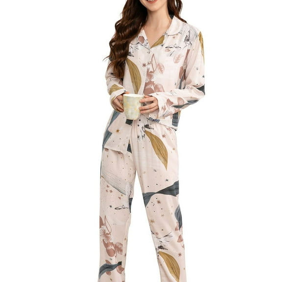 SWSMCLT Women's Long Sleeve Pajamas Set Silky Comfy Spring Fall Thin V Neck 2 Piece Lounge Set Soft Pjs Satin Holiday Star 6-8