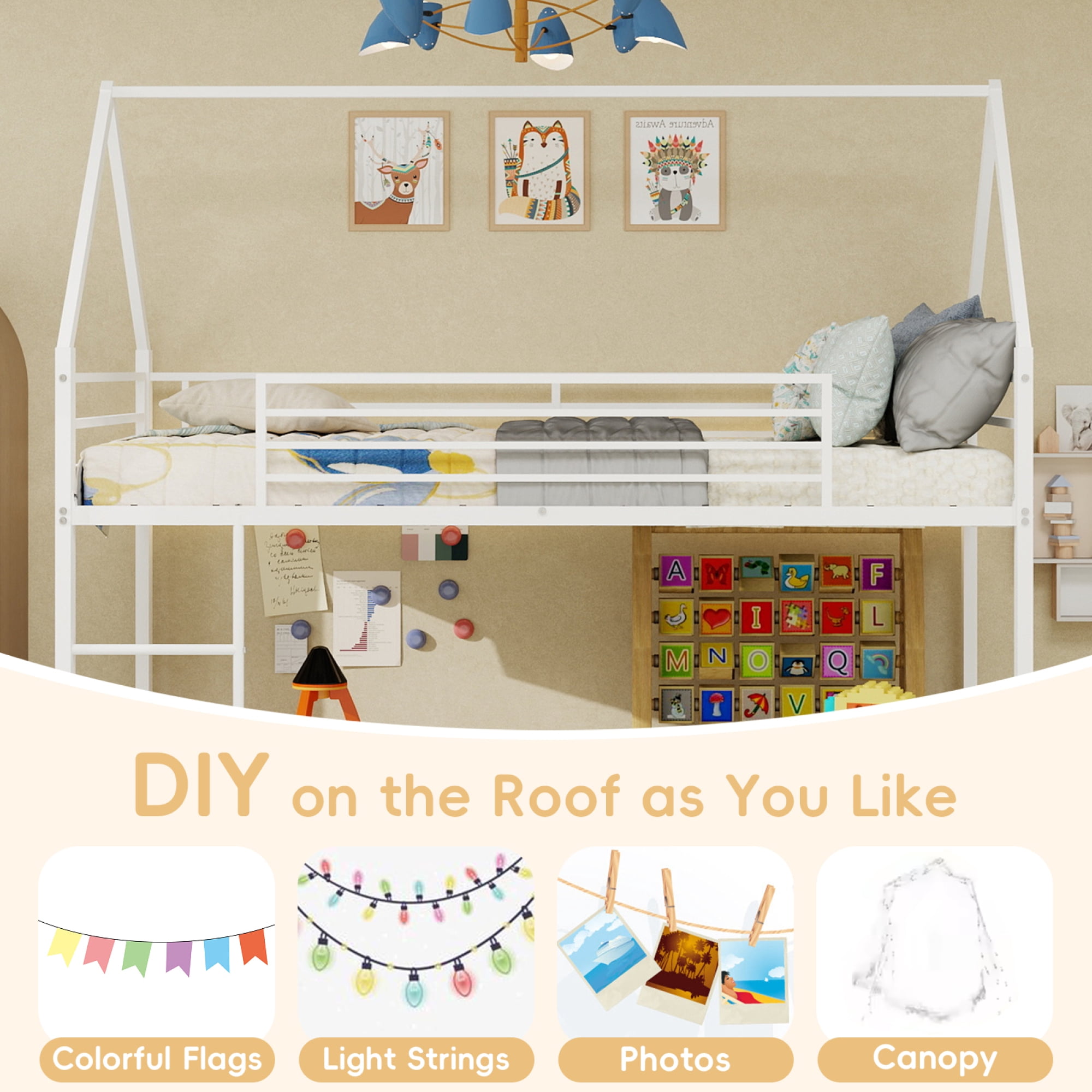 Leumius Twin Size Loft Bed,House Shape Metal Bed with Sturdy Frame, Space-Saving Design and Playhouse Style for Kids' Bedroom White
