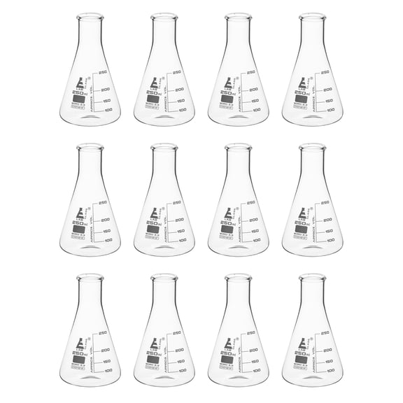 12PK Erlenmeyer Flasks, 250mL - Borosilicate Glass - Narrow Neck Flasks, Conical Flasks, Glass Flasks - Eisco Labs