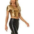 thumbnail image 4 of INSPIRE CHIC Metallic Crop Tops for Women's Keyhole Short Sleeve Halloween Party Shiny Holographic Top XS Brown Gold, 4 of 5