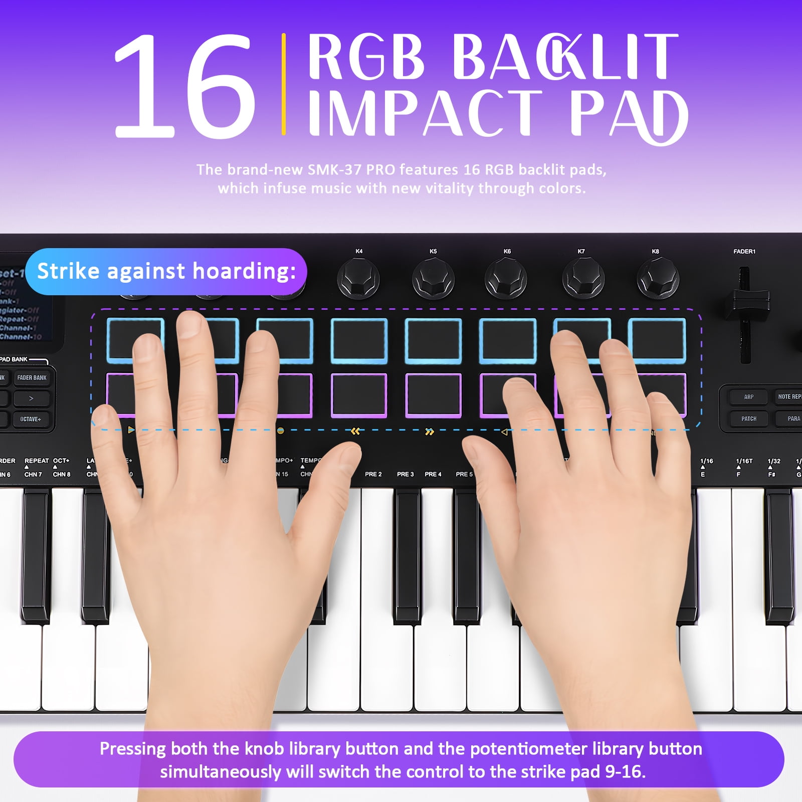 37-Key MIDI Keyboard Controller with 16 Backlit Drum Pads, Perfect for Music Production and Beat Making