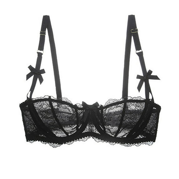 Uhndy Women's Balconette Bra Sexy Solid Unlined Bra Demi-Cup Underwire Lace Bra Black 40D Bra