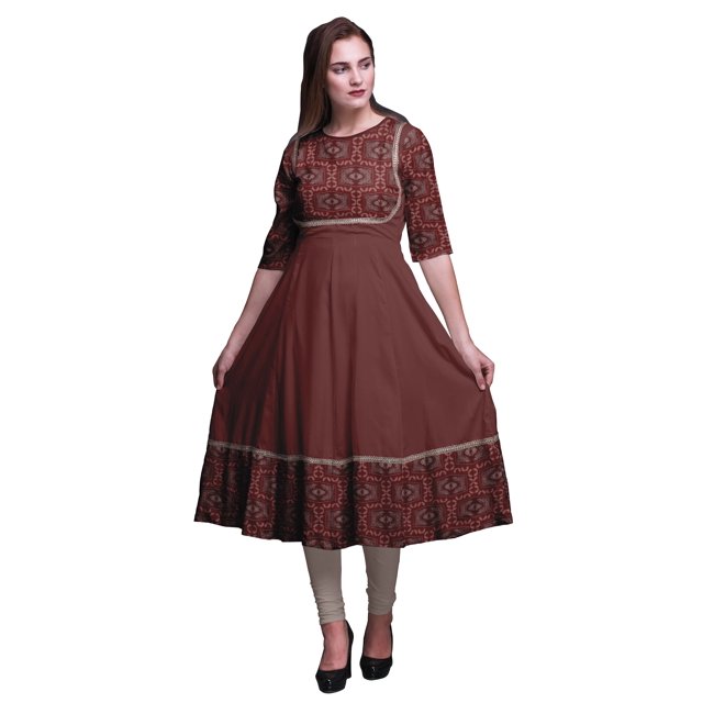 Bimba Bordeaux2 Robe Anarkali à Feuilles Géométriques et Imprimé Floral Longue Robe Maxi Kurtis Indiens pour Femmes Kurti Ethnique X-Small