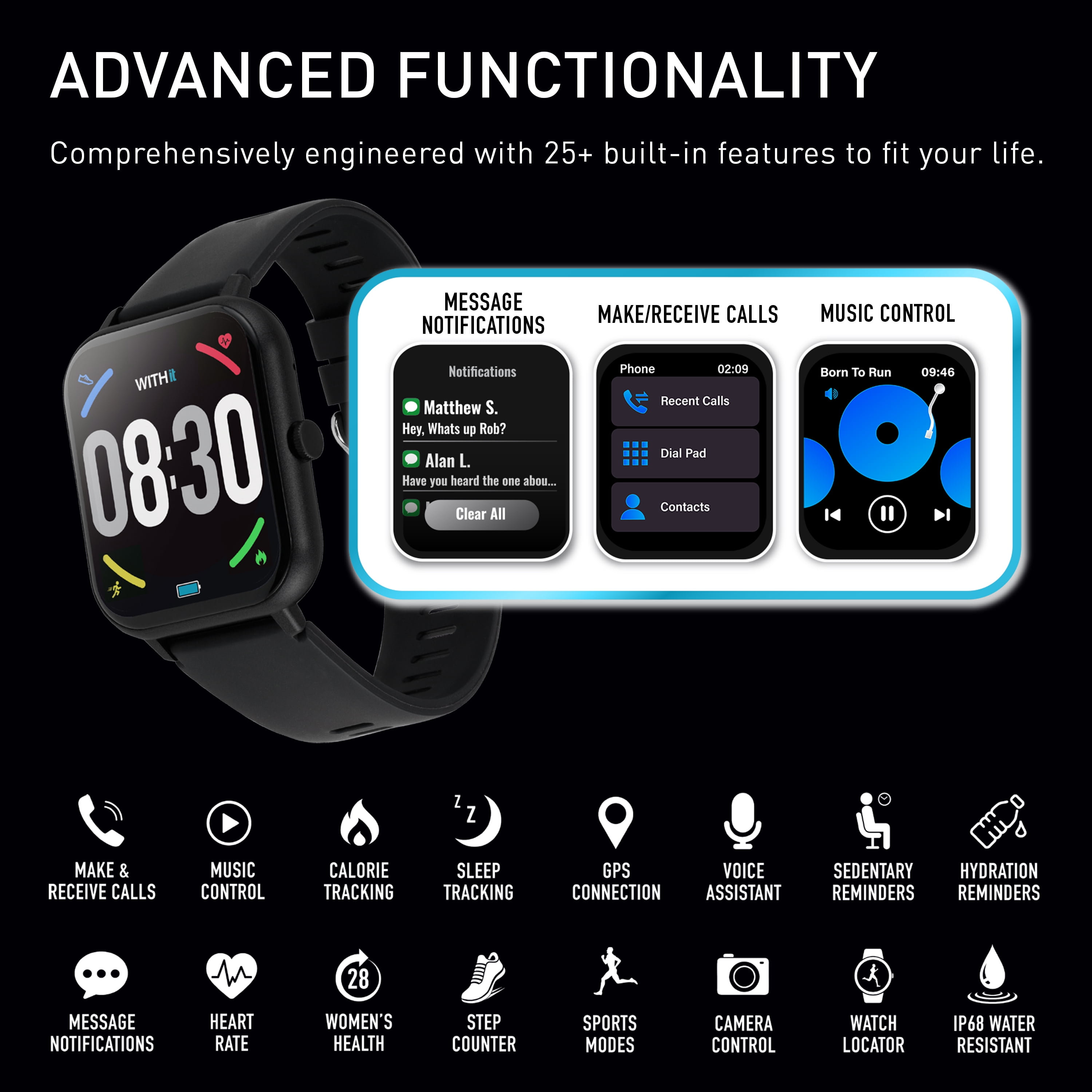 WITHit EXA Series Touch Screen Smartwatch with Black Silicone Band and over 25 Built-In Features