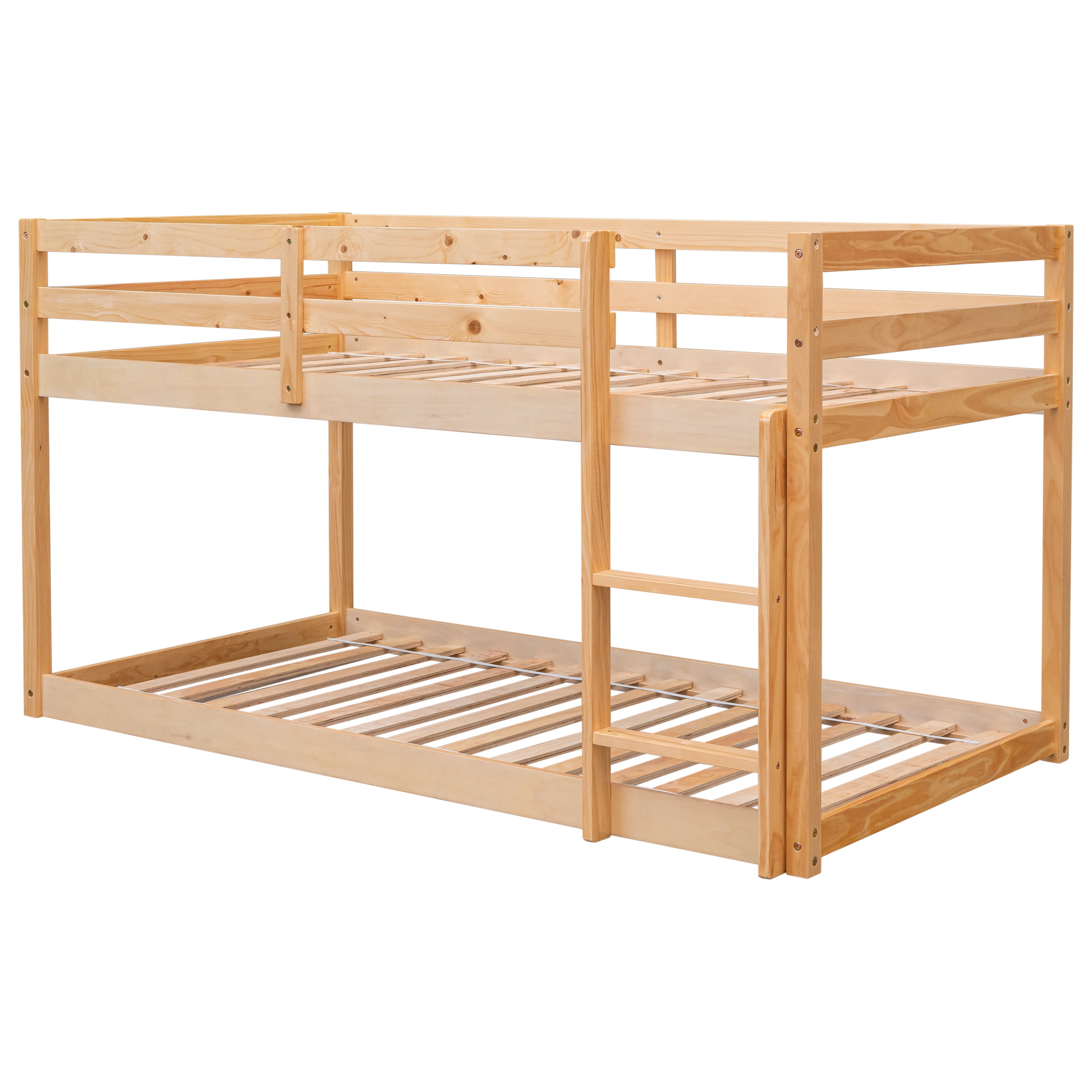 PORKISS Bunk Bed Twin Over Twin, Low Floor Bunk Bed for Kids with Guard Rails for Dorm, Small Space, No Box Spring Needed, Natural