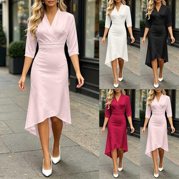 Bxsruta Womens Dress Midi Length V Neck 3/4 Sleeve High Low Cocktail Dresses