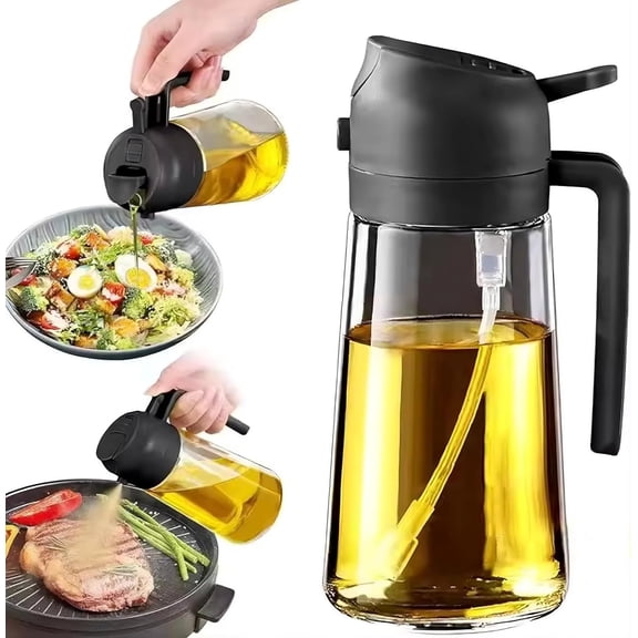 Ounalong 6oz/470ml Glass Olive Oil Sprayer for Cooking with Stickers, 2 in 1 Oil Dispenser for Kitchen Gadgets, Food Grade Premium Spray Bottle with Portion Control for Salad, Frying, BBQ (Black)