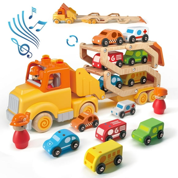 Toddler Toys for 2 3 4 5 Years Old Kids, Transport Car Carrier Truck Toy with 6 Wooden Vehicle, 30in Foldable Track Trailer with Light & Sound Effects, Best Gift Choice for Chri