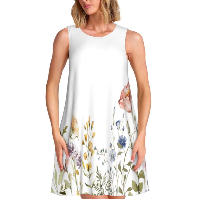 Fotbe Watercolor Floral Vestido de Verano sin Mangas para Mujer – Vestido Midi Línea A, Estilo Camiseta Floral, Vestido Playero Casual y Fluido