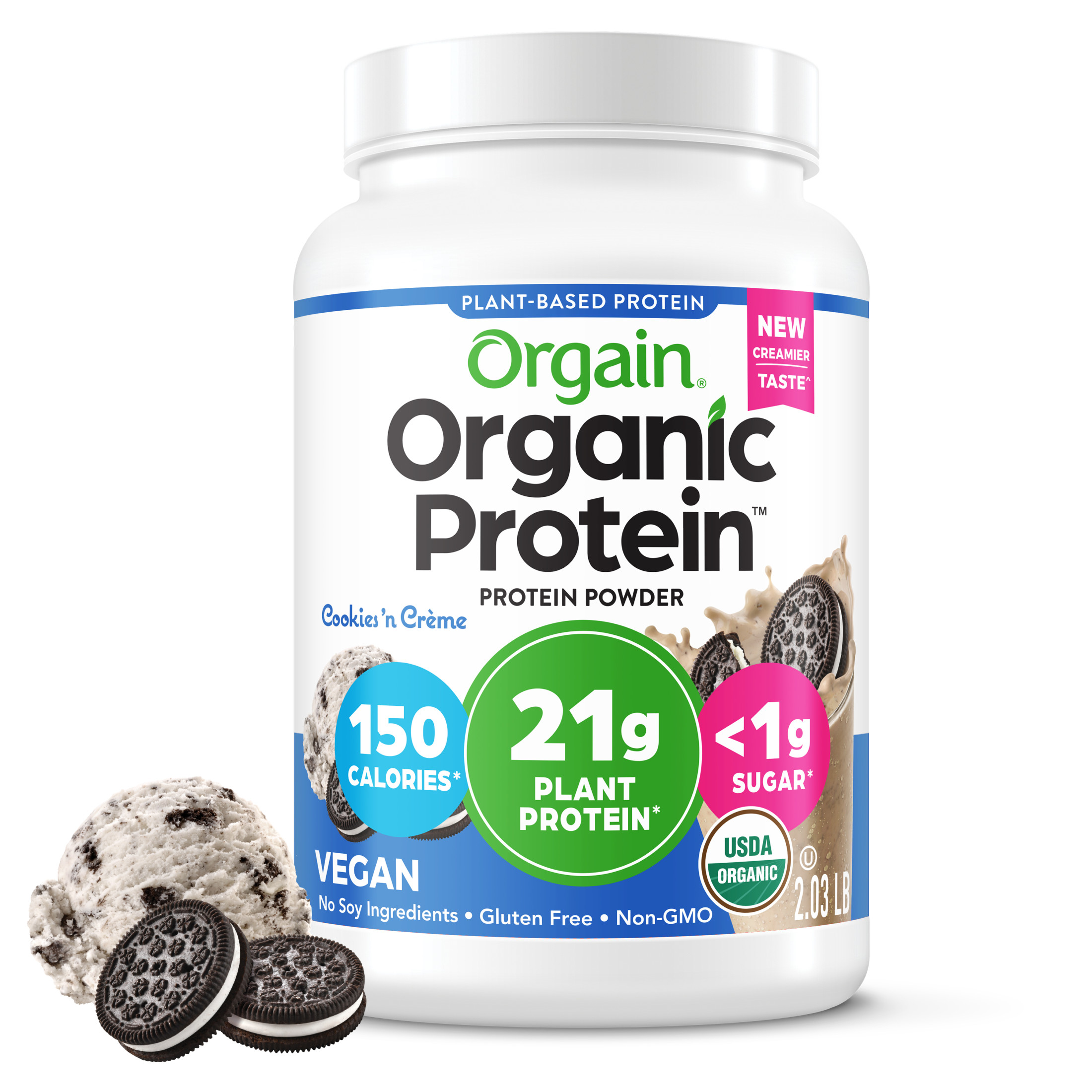 Orgain Organic Vegan 21g Protein Powder, Plant Based, Cookies 'N Cream 2.03lb