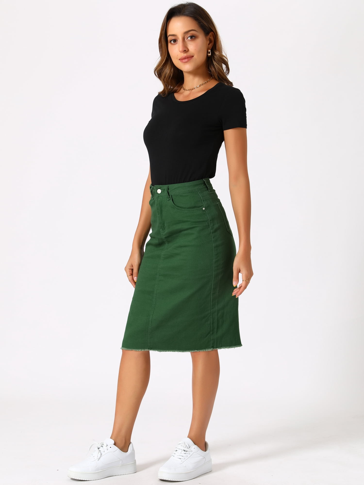 DARING DIVA Women's Jean Back Vent Midi Length Denim Skirts S Green