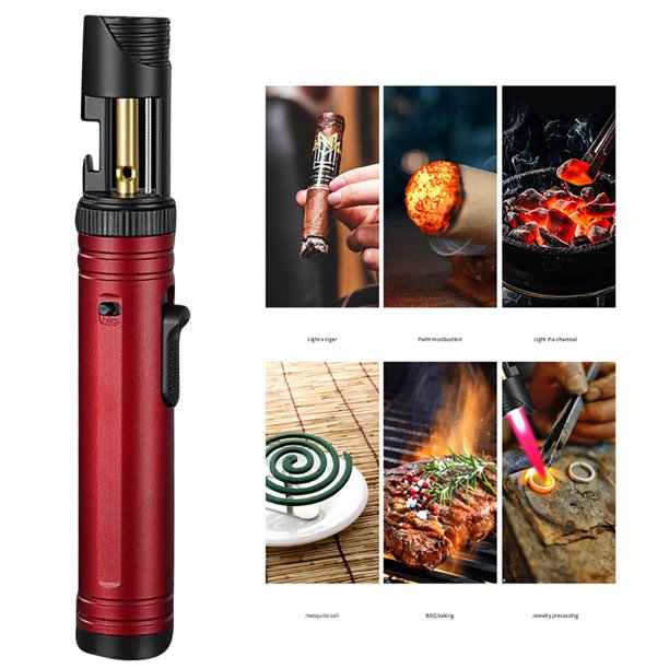 Encendedor inflable a prueba de viento con abridor de botellas | Llama grande ajustable | Bloqueo de fuego fijo | Antorcha recargable de butano | Encendido 360° boca abajo | Portátil para exteriores