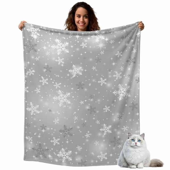 Winter Snowflake on Gray Throw Blanket Flannel Fleece Throws, Christmas Theme Lightweight Super Soft Warm Blankets for Couch Sofa Bed All Season Use, 40x50 in