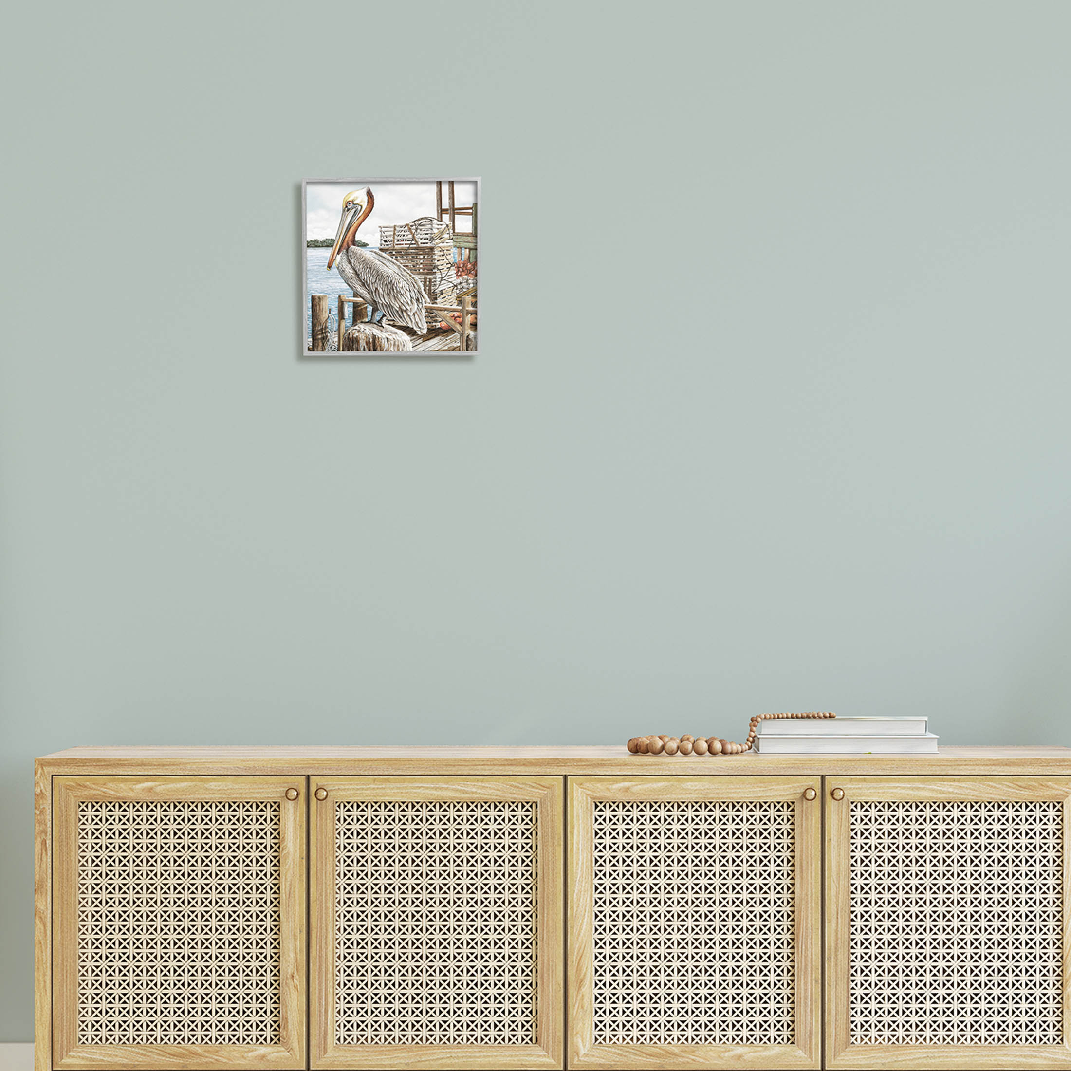 Pelican Perched Summer Fishing Dock Animals & Insects Painting Gray Framed Art Print Wall Art