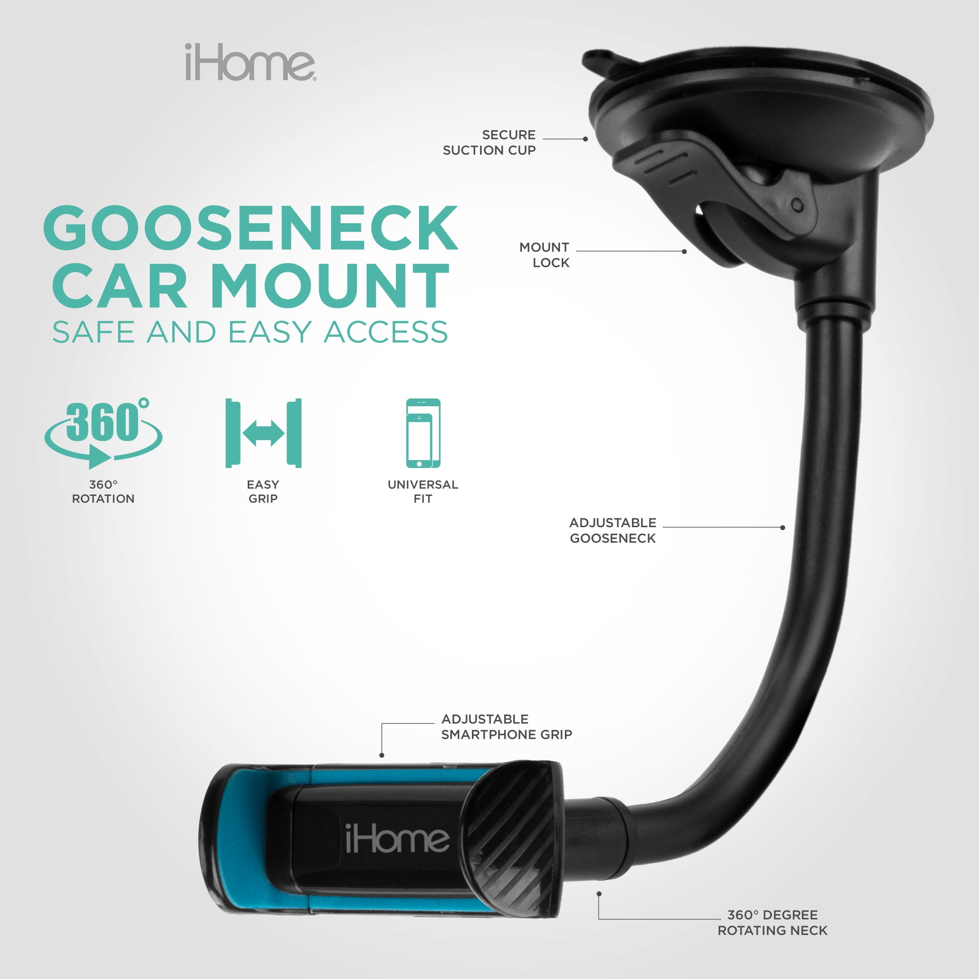 iHome Phone Mount for Cars with Adjustable Grip and 360 Rotating Neck Adjustable Gooseneck Black Red