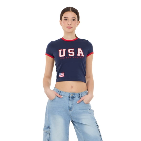 Forever 21 Women's Short Sleeve Americana USA Soccer Ringer Tee Shirt, Sizes XXS-XXL