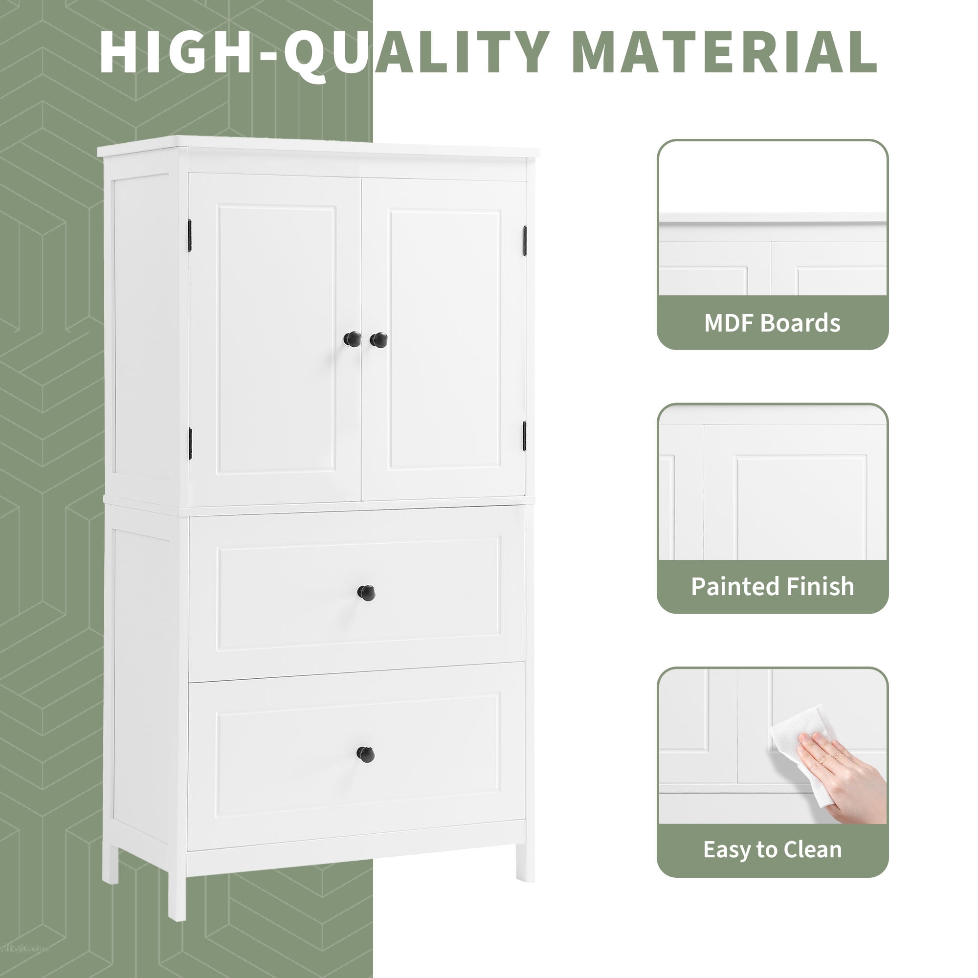Bathroom Storage Cabinet, Cabinet with Two Doors and Drawers, Adjustable Shelf, MDF Board