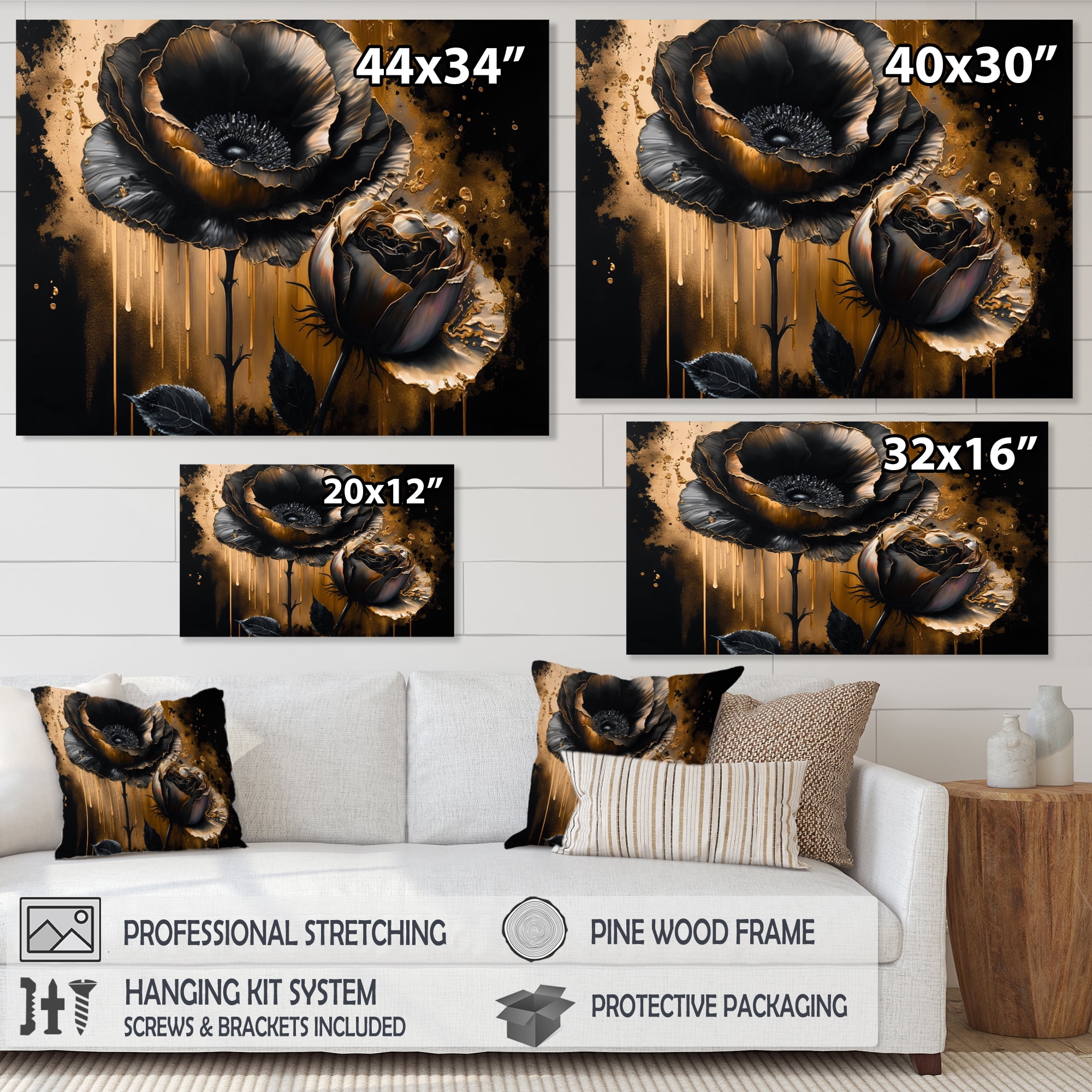 Designart Black And Gold Popy Flowers II Canvas Wall Art