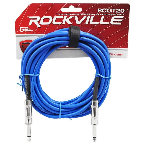 Rockville RCGT20BL 20' 1/4'' TS to 1/4'' TS  Instrument Cable-Blue 100% Copper