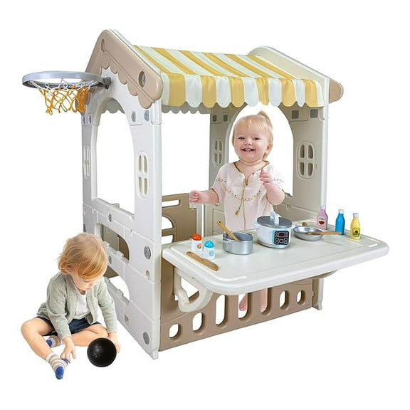 41.3" x 31.4" x 29" Cottage Playhouse, Indoor/Outdoor Toddler Playhouse with Working Doors, Worktop & Basketball Hoop, Durable Plastic Playset for Ages 1  Years Old