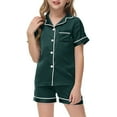 thumbnail image 2 of Kid Satin Pajamas for Girls Button Down Solid Tops T Shirt Shorts Classic Loungewear Girls Silky Pajamas Size 4-5 Years, 2 of 4