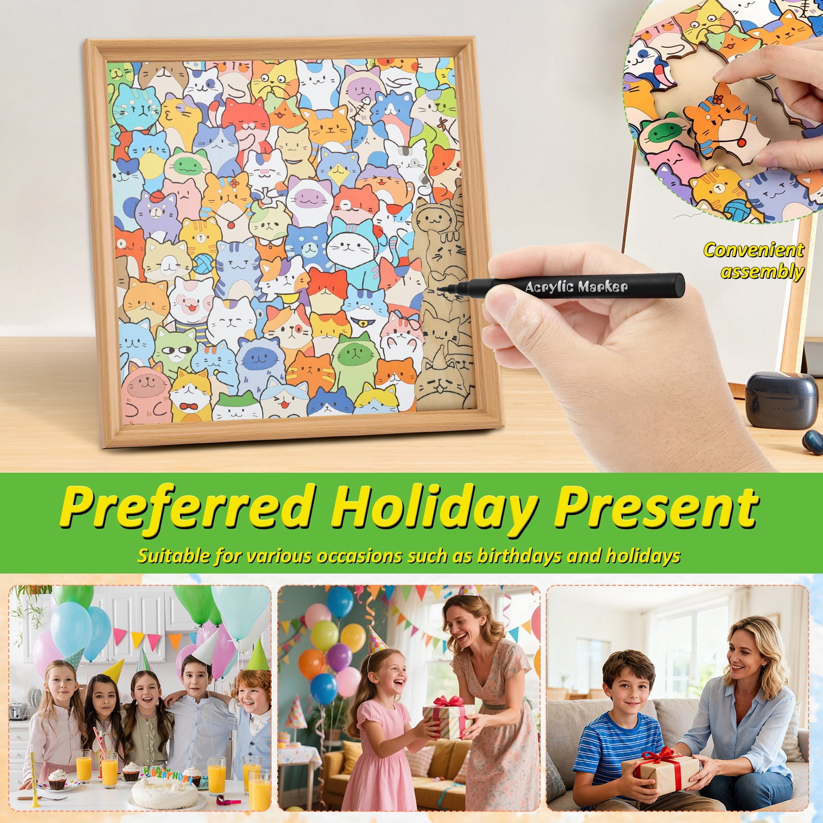 Wooden Coloring Puzzle with 12 Color Marker Glue Instruction Diagram Assembly Drawing Cat/Dog Coloring Puzzle DIY Doodling for Children and Teenager