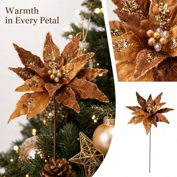 Brown Poinsettia Flower Ornament with Fabric Petals and Glitter Accents for Christmas Tree Decor, Artificial Flower