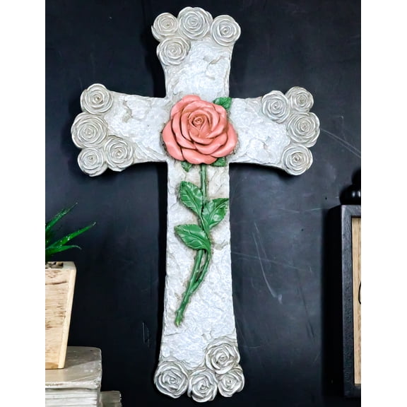 Rustic Western Pink Stalk of Rose With Tooled Flowers Faux Stone Wall Cross