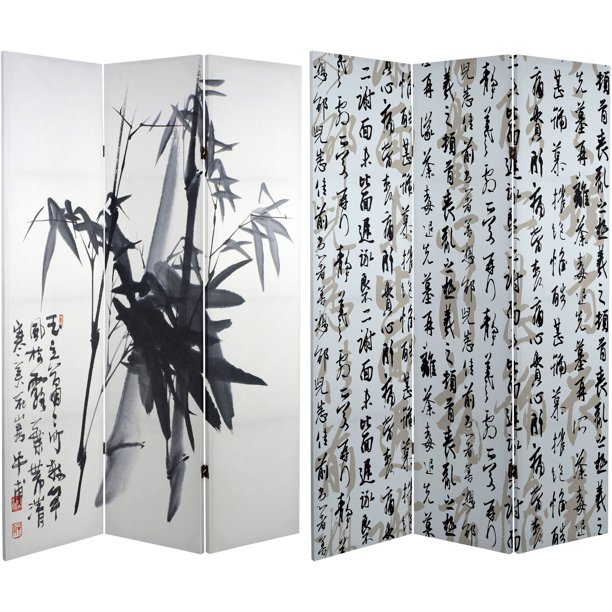 Oriental Furniture 6 Ft Tall Double Sided Bamboo Calligraphy Canvas Room Divider, 3 panel