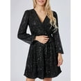 thumbnail image 2 of GXFC Women's Shiny Sequins Mini Dress Long Sleeve V Neck Wrap Dress Nightclub Party A-Line Short Dress for Women, 2 of 9