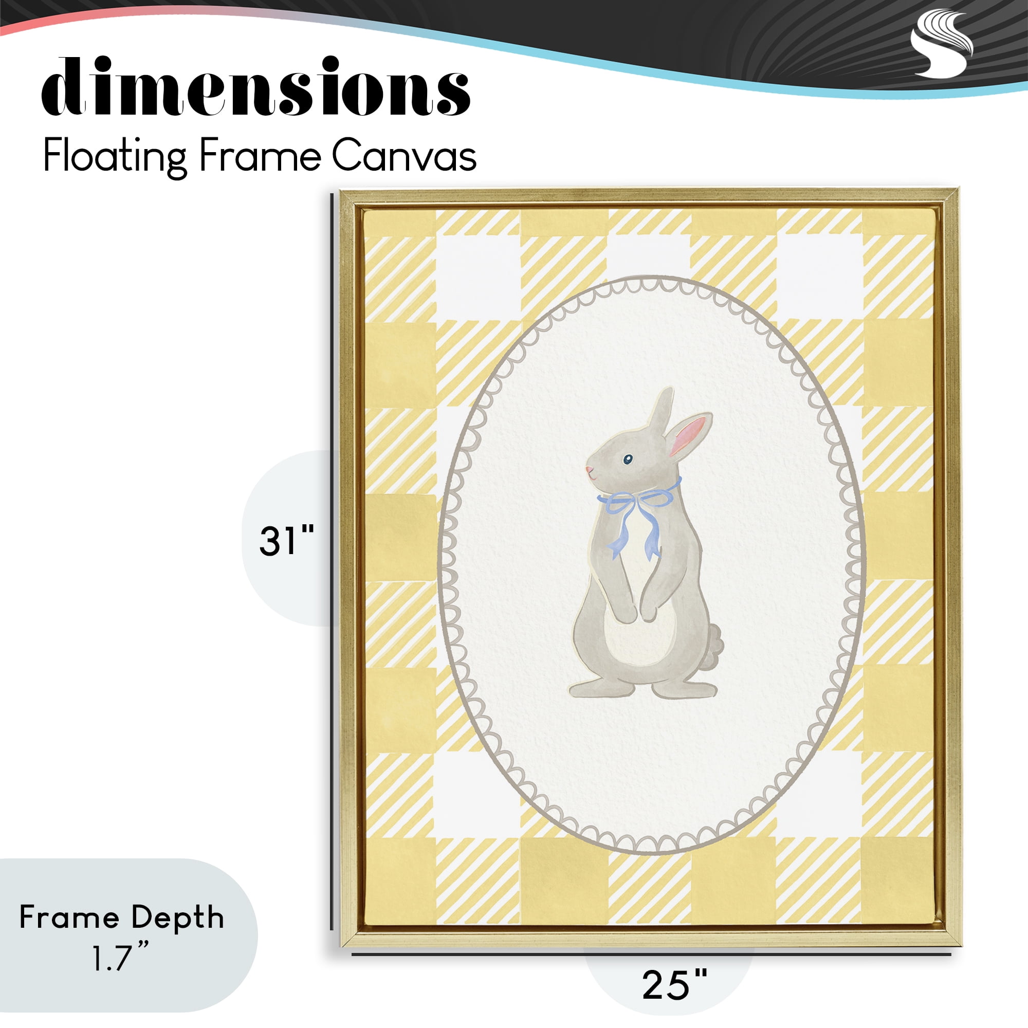 Stupell Industries Little Bunny on Yellow Gingham Gold Framed Floater Canvas Wall Art, design by The Paper Curator
