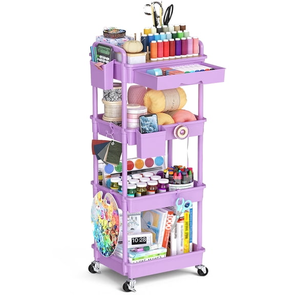 4 Tier Rolling Utility Cart with Removable Drawer, Bathroom Storage Organizer with 2 Lockable Wheels, Mobile Shelving Unit for Kitchen, Office, Snack, Craft, Makeup, Baby Essentials, Purple