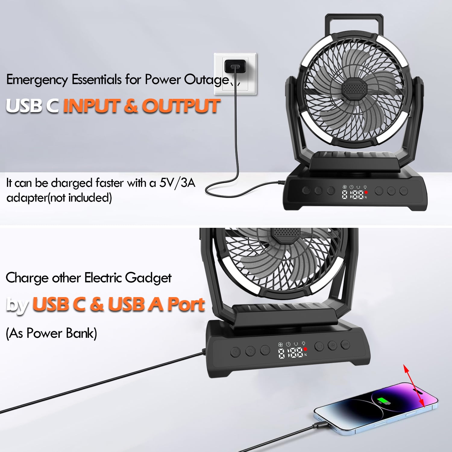IC ICLOVER Camping Fan with LED Lantern Light, Rechargeable 20000mAh Battery Operated Portable Fan, Auto Oscillation Remote Control Timer Desk Fan for Tent, Travel, BBQ, Fishing, Black